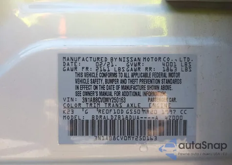 2021 Nissan Sentra Sv из США, поврежденный, VIN 3N1AB8CV0MY250163